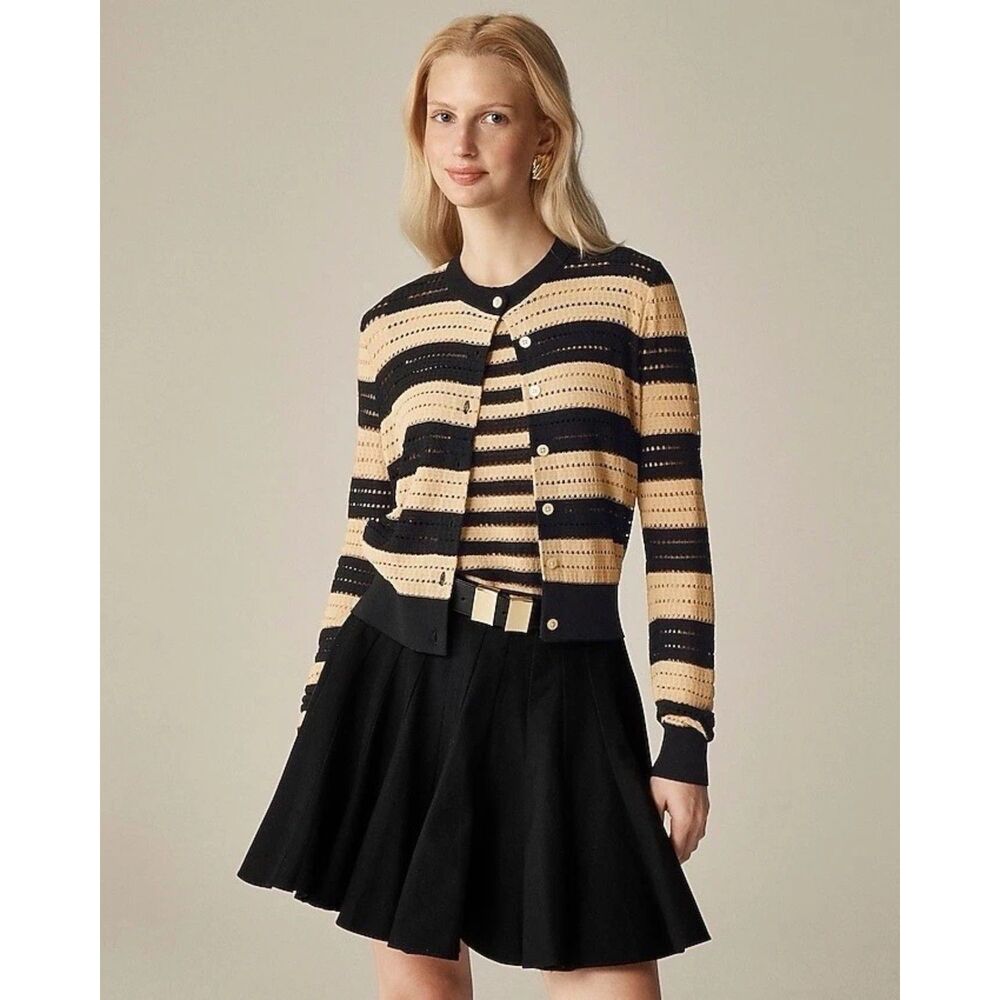 J.Crew Size M Pointelle Stitch Knit Cardigan Sweater In Stripe Khaki Tan & Black